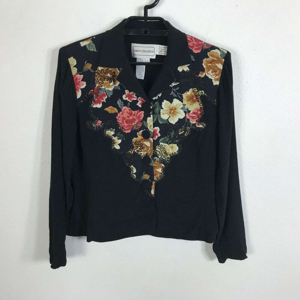 Vintage Karin Stevens Blouse Size 6 Floral Rayon Long Sleeve Button Up Womens